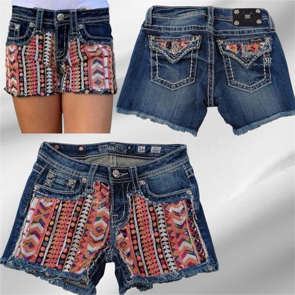 Miss Me JK6364H Girls Size 16 Raw Hem Colorful Sequined Shorts - Picture 1 of 13